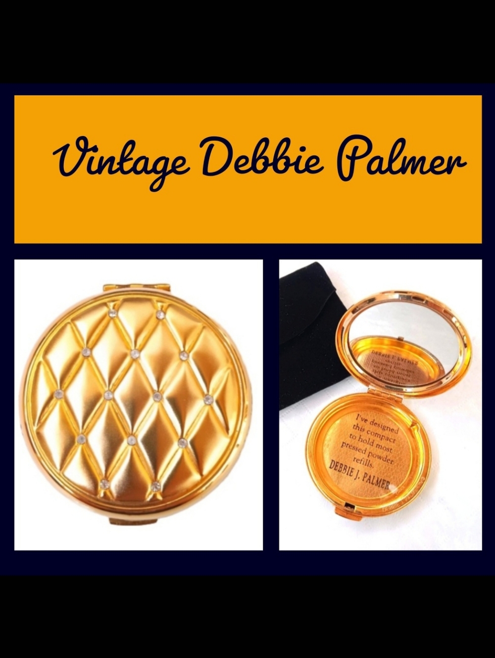 Rare Vintage Debbie J. Palmer Mirror Compact | Goldtone | Rhinestones